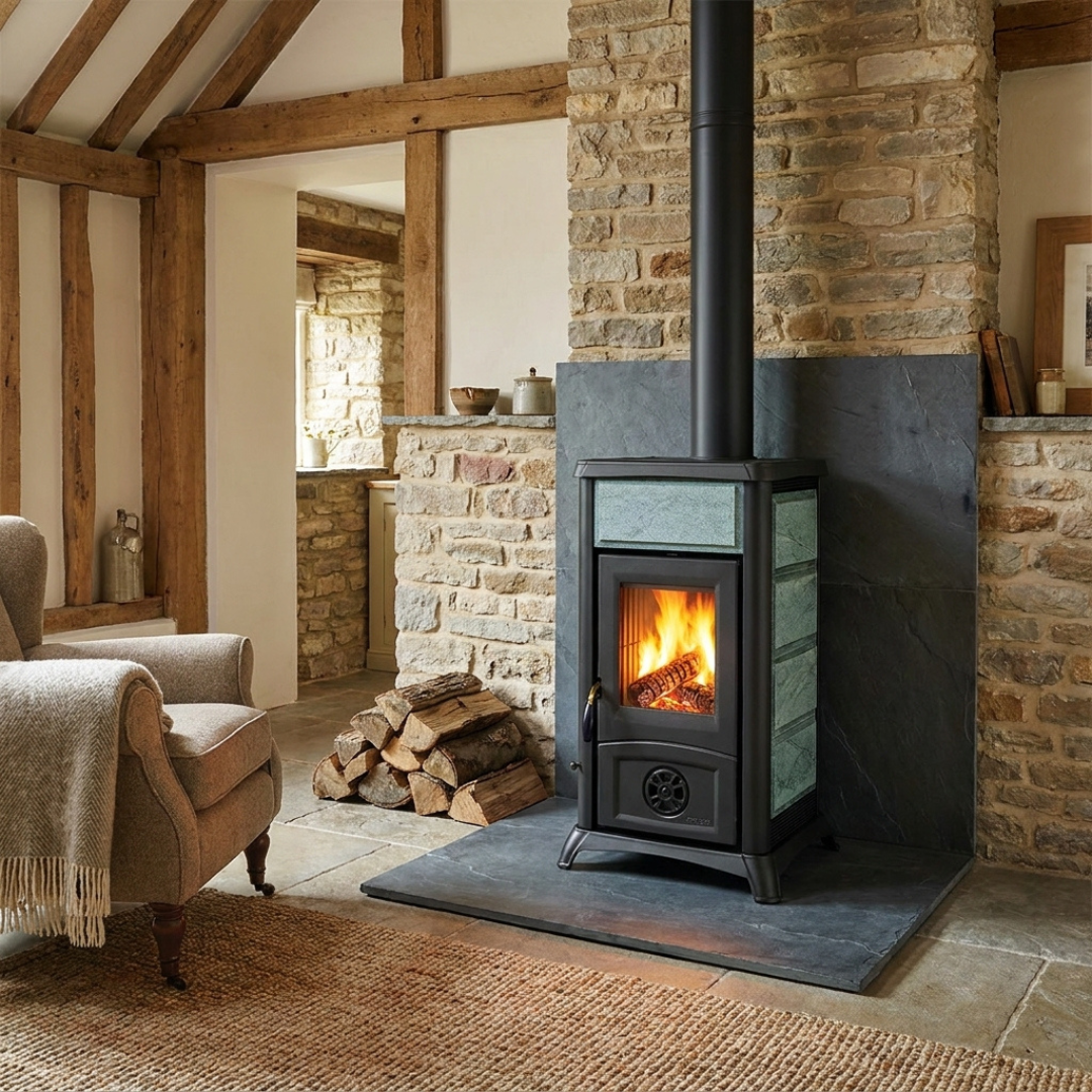 Poêle à bois Gemma Lean Petra 6,5 kW installé dans un salon avec mur en pierre