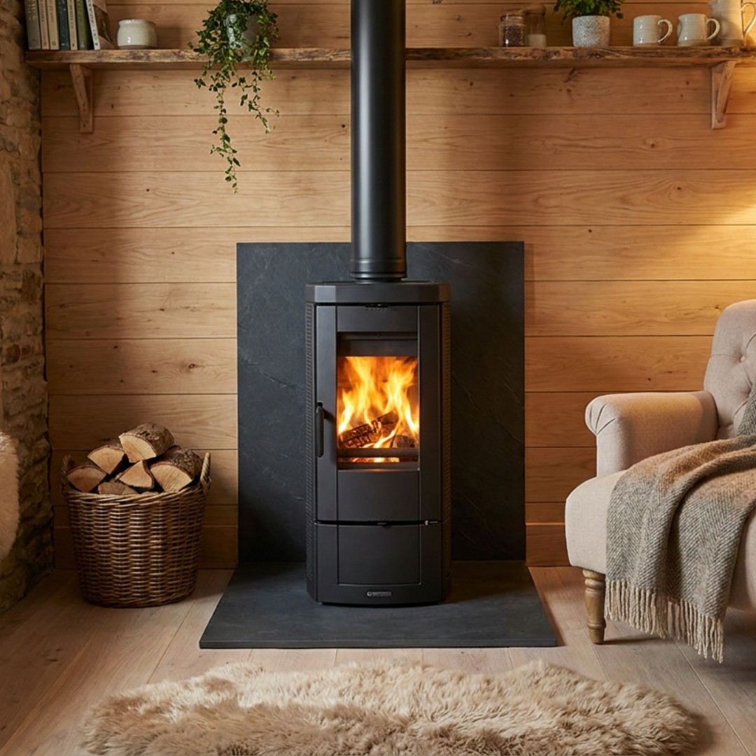 Poêle à bois en fonte Candy Lean 6,6 kW installé dans un chalet en bois