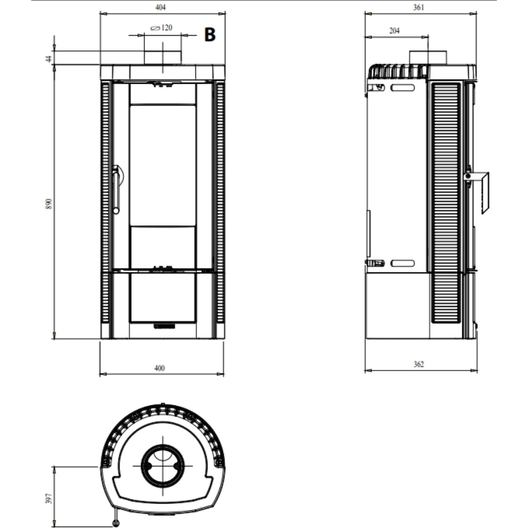 Schéma technique avec dimensions du poêle à bois Candy Lean 6,6 kW