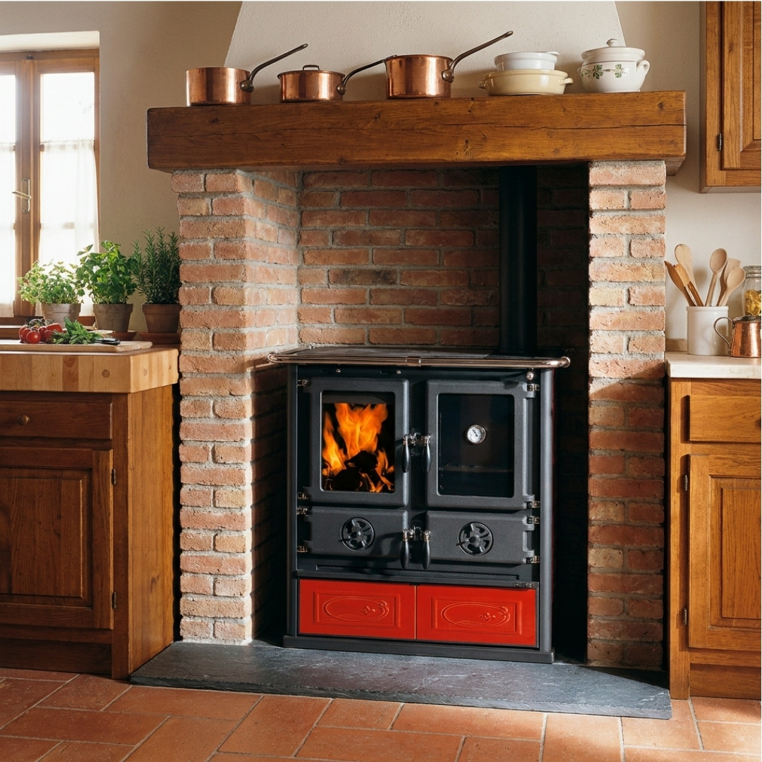 Cuisinière à Bois Rouge Rosetta Ceramica – 7,9 kW | Extraflame