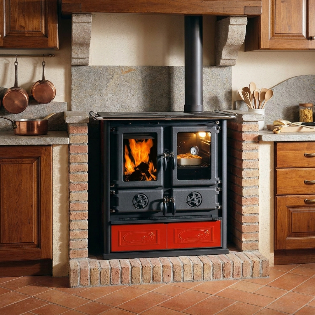 Cuisinière à Bois Rouge Rosetta Ceramica – 7,9 kW | Extraflame