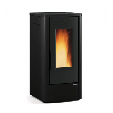 Poêle à granulés Dahiana VFS 10 kW noir moderne avec vitre, offrant une excellente performance énergétique.