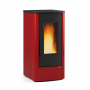 Poêle à granulés ventilé Dahiana VFS 10 kW, design moderne en rouge avec flamme visible, chauffage efficace et élégant.