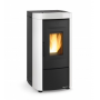 Poêle à granulés Moira EVO 7 kW avec façade blanche et noire, idéal pour un chauffage efficace et moderne dans votre maison.